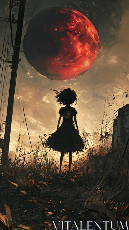 Girl beneath the crimson moon in a quietly ruined field.