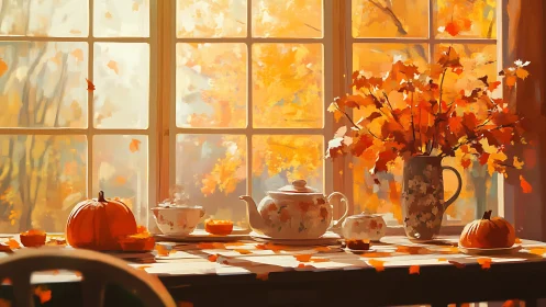 Golden autumn tea table glows beside a sunlit window.