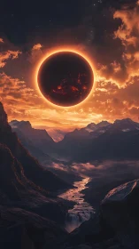 Digital painting of eclipse over cinematic mountain valley panorama.