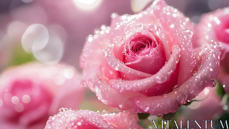 Pink Garden Rose with Water Droplets in Macro Detail.