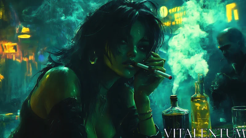 Neon-lit bar portrait isolates smoke, glass reflections, and cyberpunk haze