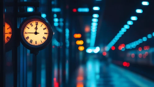 Station platform clock at night under neon bokeh illumination
