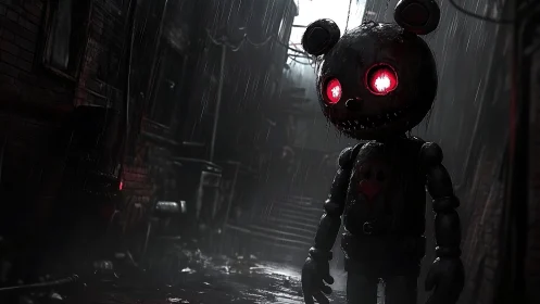 Friendly robot bear wanders through a rainy midnight alley.