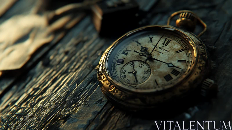 Photorealistic macro of antique pocket watch on worn timber.