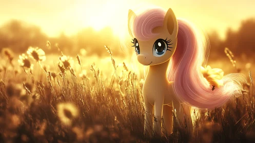 Golden meadow pony basking in soft sunset light.
