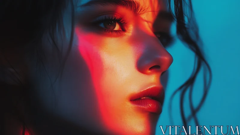 Chromatic side portrait in neon cyan and warm orange light.