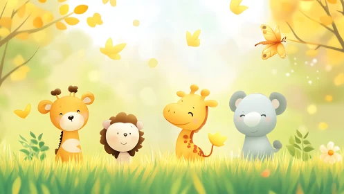Cute cartoon safari animals in sunny meadow scene.