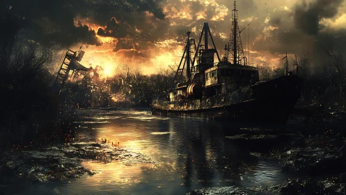 Rusting ship rests in a fiery, post‑apocalyptic river dusk