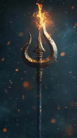 Flaming trident staff rises in a dark, ember filled void