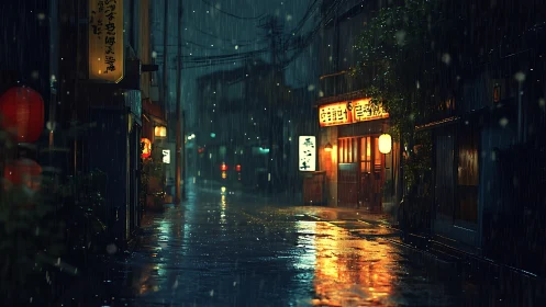 Rain-soaked city alley glows softly with warm lantern light