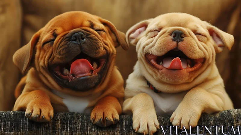 Two short-muzzled puppies resting on fabric surface.