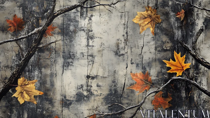 Autumn maple leaves drift across weathered, textured bark.