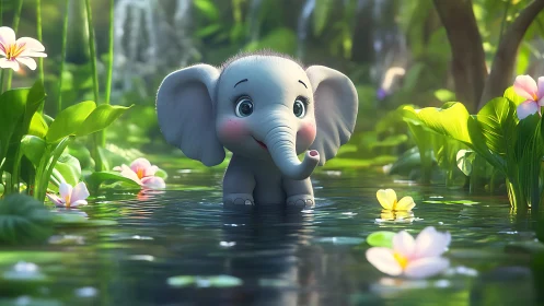 Cartoon elephant stands in shallow forest water among flowers
