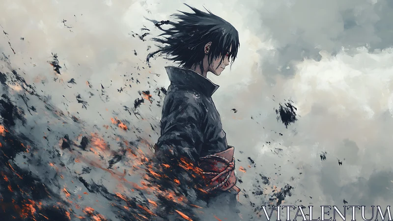 Solitary anime warrior dissolves into storm and embers.