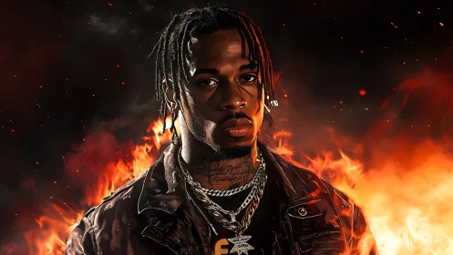 Digital portrait of braided man in chains against flaming backdrop