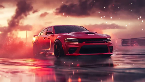 Bold red muscle car gliding through glowing city mist.