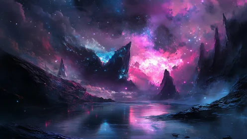 Alien shoreline under vivid magenta cosmic nebula sky.