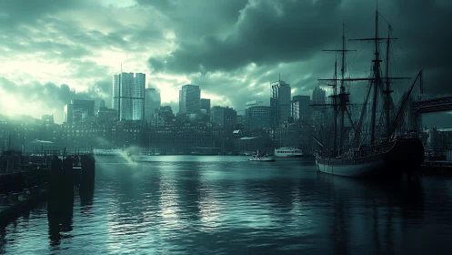 Twilight harbor skyline with moored tall ship in teal haze.