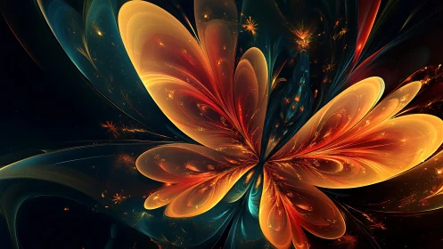 Fractal butterfly form radiates glowing orange and teal