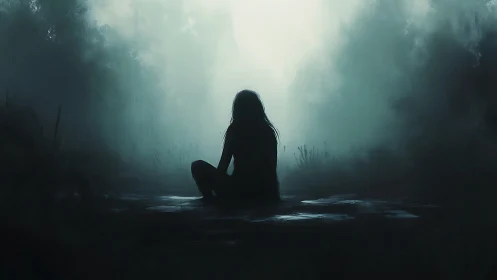 Solitary silhouette seated before a luminous forest haze