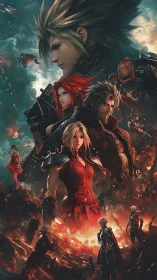 Heroic anime warriors rise amid burning futuristic ruins.