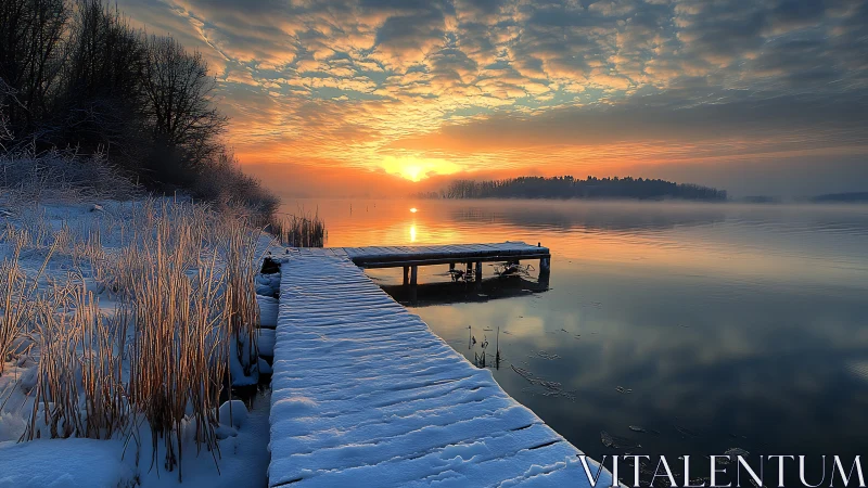 Photorealistic winter lakeside jetty at luminous sunrise.