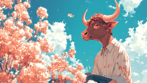 Gentle bull-headed figure rests beneath soft pink blossoms