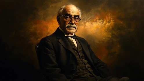 Elderly scholar portrait against dramatic warm backdrop.