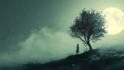 Solitary figure studies full moon beside windswept hillside tree