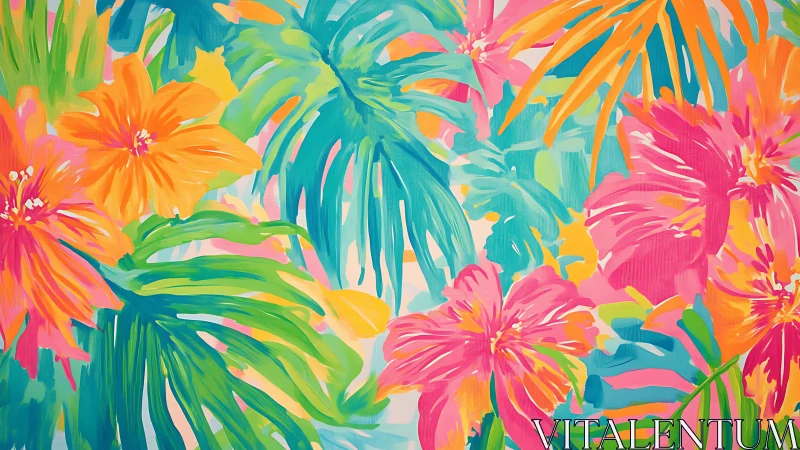 High-saturation tropical hibiscus and palm foliage pattern