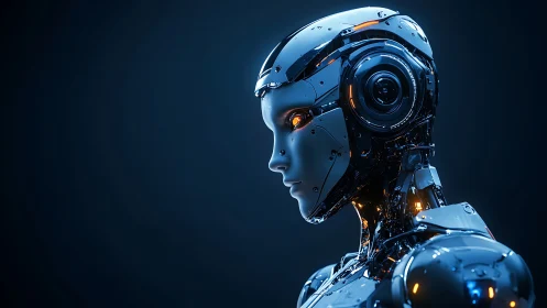 Futuristic humanoid robot profile in dark studio setting.