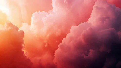 Sunlit pink and orange storm clouds in dense formation.