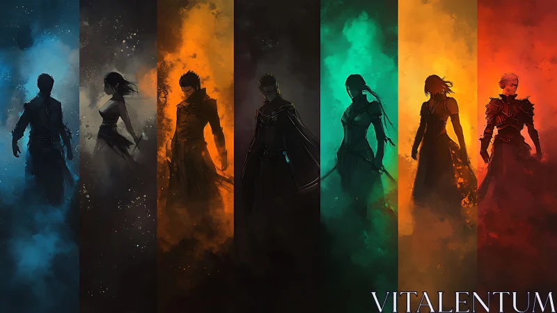 Seven silhouetted figures in vertical chromatic panels.