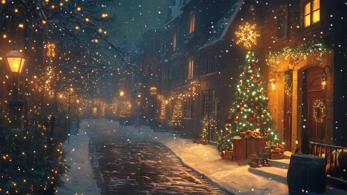 Cozy snowlit street glowing with festive holiday lights.