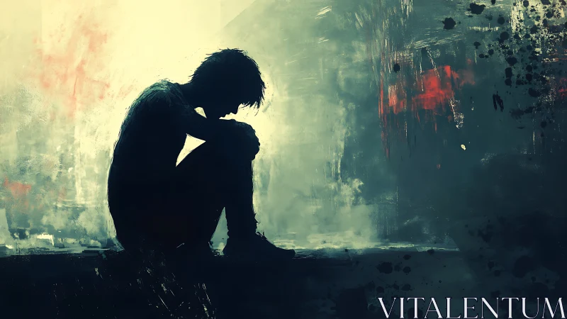 Silhouetted figure sits alone in moody abstract city haze