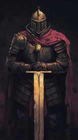Armored knight grips glowing sword in shadowed vigil.