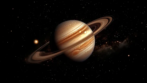 Ringed gas giant pirouettes through velvet cosmic silence