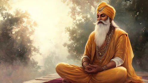 Digital painting of meditative sage in luminous forest atmosphere.