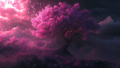 Enchanted pink dreamtree glowing against a twilight storm.