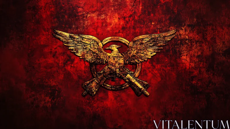 Winged eagle and rifles emblem on distressed red field.