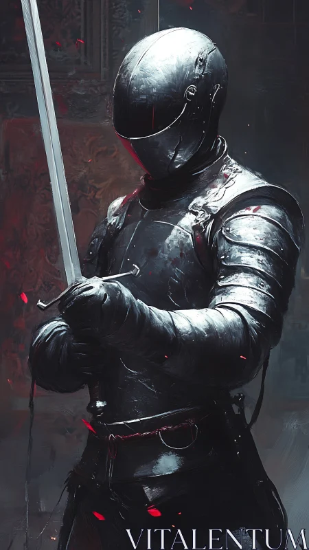 Armored futuristic knight holding sword in dark chamber.