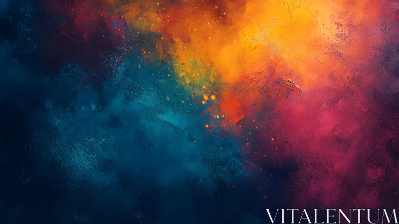 Vivid abstract painting with blue, orange, and magenta color blend.