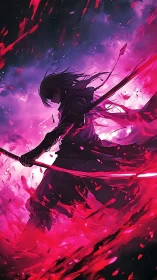 Bladewreathed dusk wanderer in storm of crimson embers.