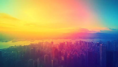 Neon-gradient skyline over harbor under radiant sunset haze.