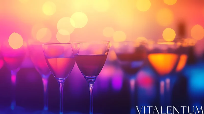Wine Glasses Against Vibrant Sunset Bokeh Background