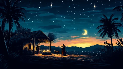Nativity night glows under a star-filled tropical sky