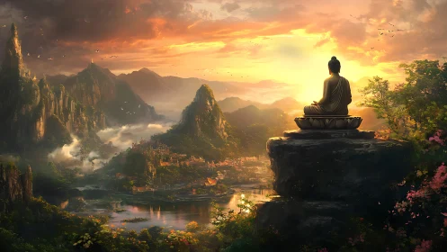 Seated Buddha statue overlooks valley landscape at sunset