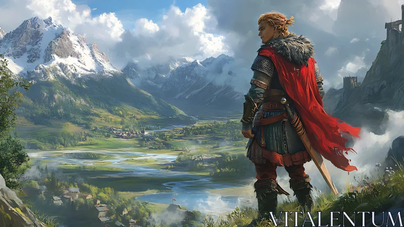 Valiant wanderer surveying emerald valley beneath winter peaks.