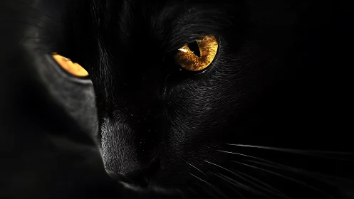 Black cat close-up with glowing amber eyes in shadow.