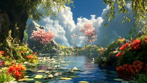 Lily-covered pond with flowering trees under cumulus clouds.